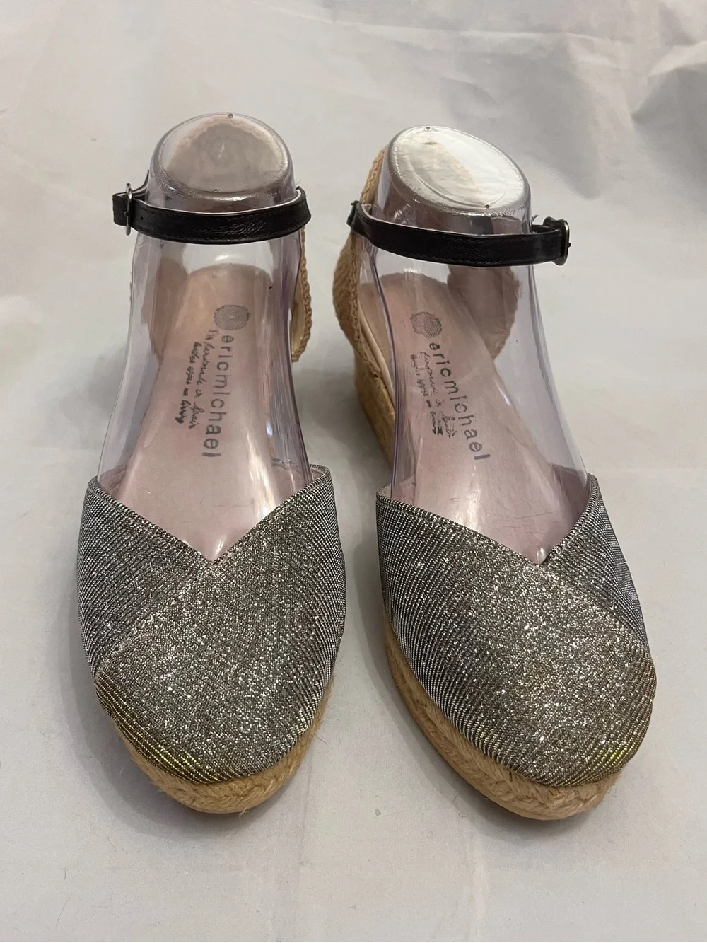 Eric Michael Silver Metallic Espadrille Wedges with Black Ankle Strap